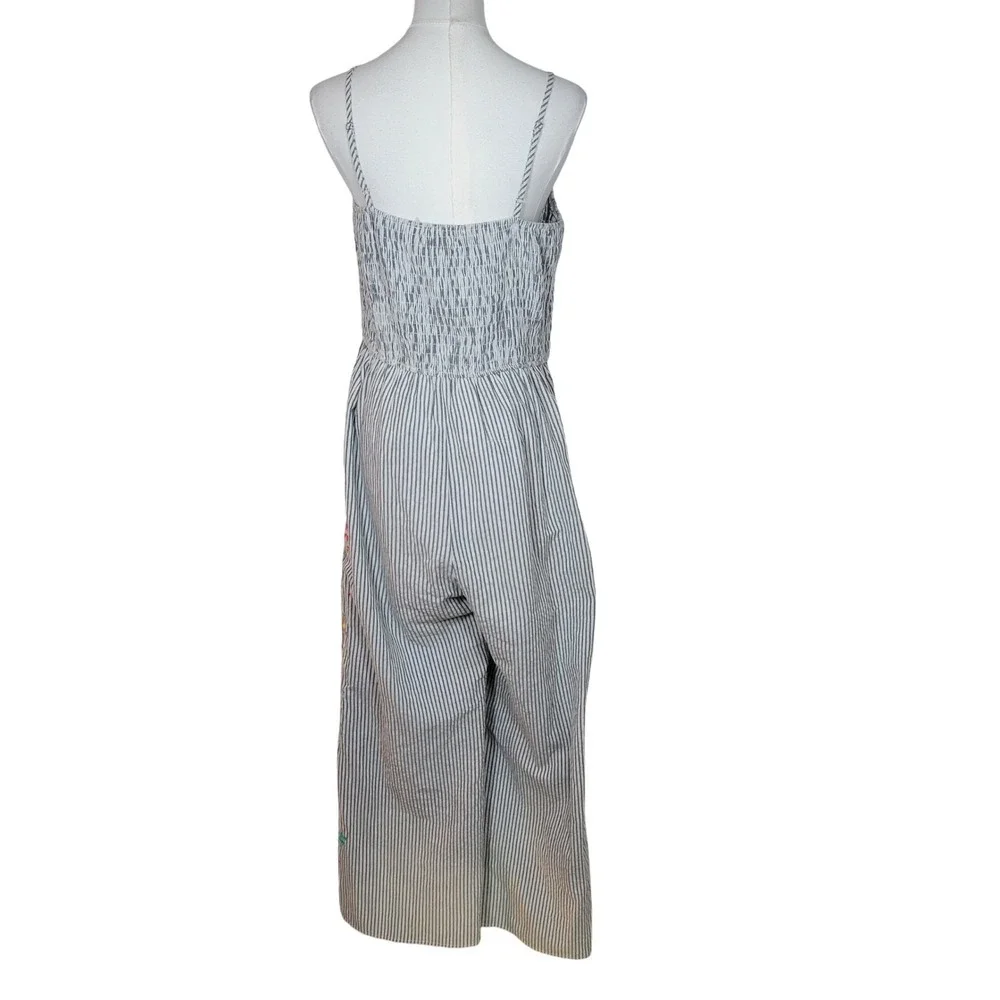 Savanna Jane Pinstripe Floral Embroidered Wide Leg Jumpsuit Large Boho Beach - Picture 11 of 13
